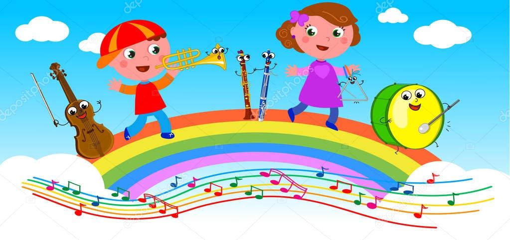 Cartoon musical instruments and children vector
