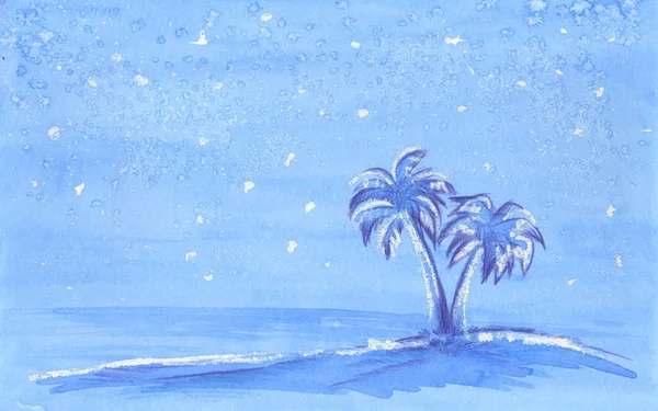 Sneeuw op palmen, met de hand geschilderde blauwe waterverf — Stockfoto