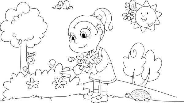 Coloriage fille au printemps — Image vectorielle