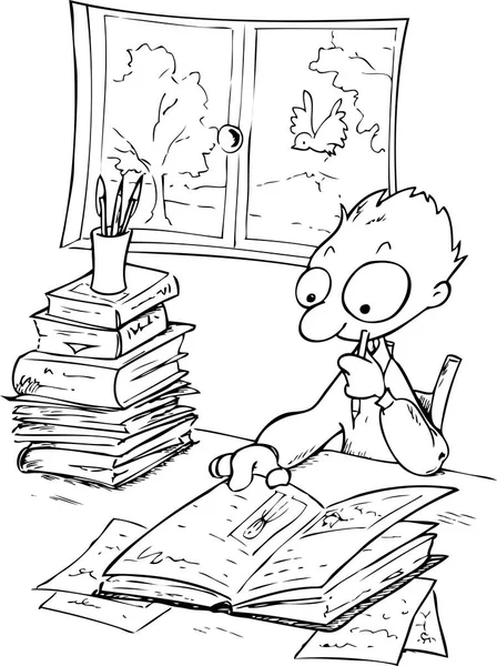 Rapaz ocupado estudando com um monte de livros vetor — Vetor de Stock
