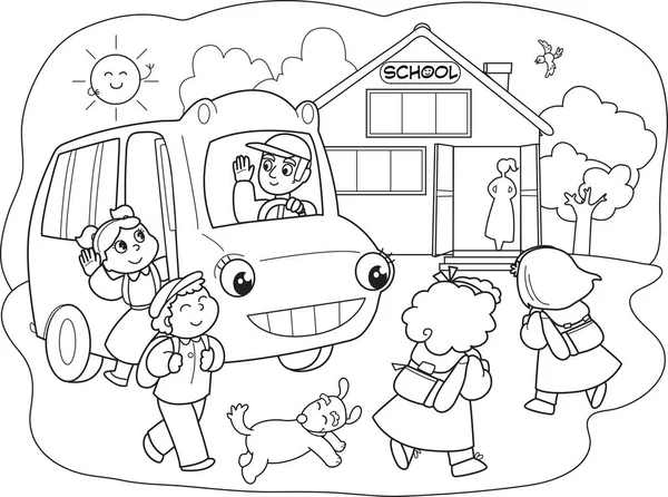Μαθητές κινουμένων σχεδίων σε διανυσματική σχολικών λεωφορείων — Διανυσματικό Αρχείο