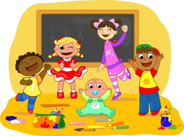 Bambini felici in una classe scolastica — Vettoriale Stock