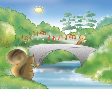 Gingerbread boy running on bridge clipart