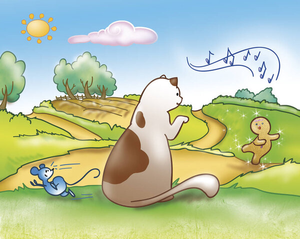 Gingerbread boy singing and cat