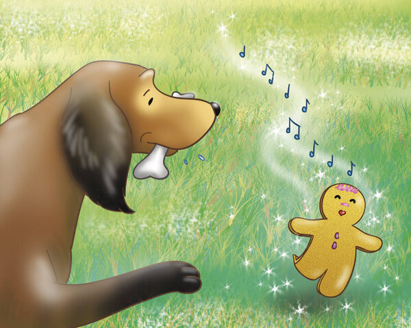 Gingerbread boy singing and dog