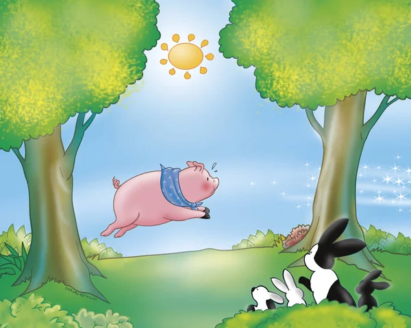 나무에 실행 하는 돼지 — 스톡 사진