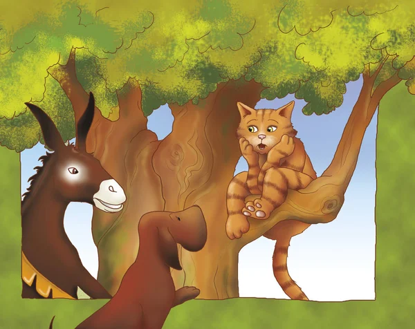 驴子和狗-童话的伤心猫 — 图库照片