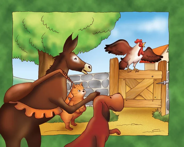 唱雄鸡带驴，猫和狗-童话故事 — 图库照片