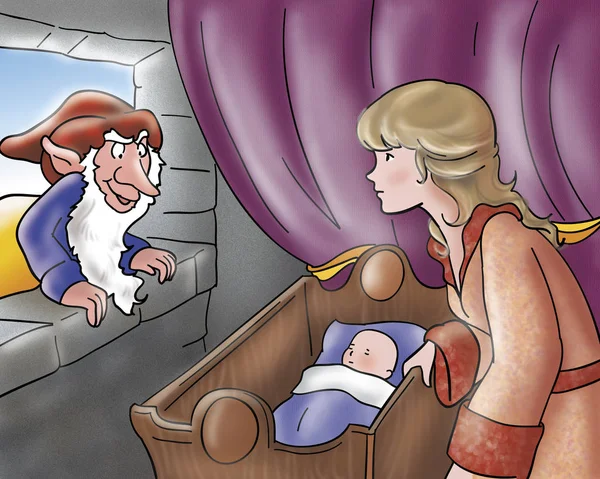 Elfo malvado Rumpelstiltskin está levando bebê princesa — Fotografia de Stock