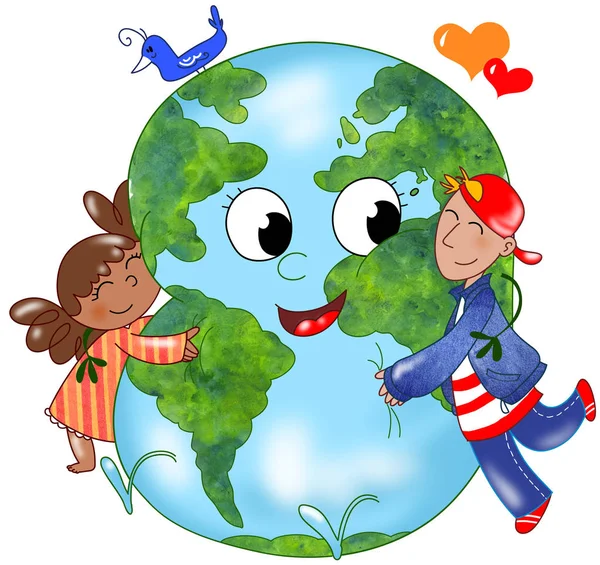 Kids embracing Earth — Stock Photo, Image
