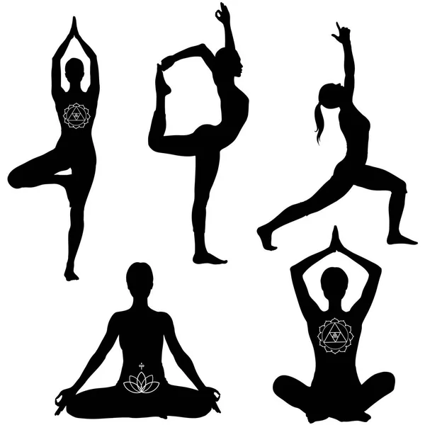 Poses de yoga silhouettes noires - Illustration — Image vectorielle