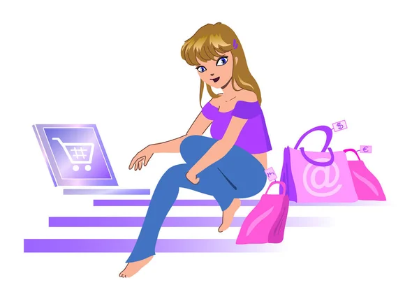 Mladá žena online nákupy vektor — Stockový vektor