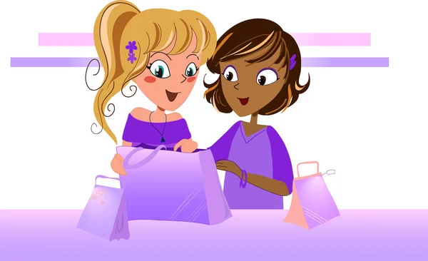 Teens looking in a shopping bag — Stock Vector