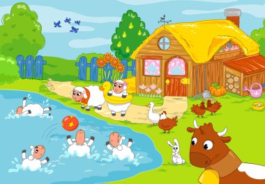 Funny farm ve oyun hayvanlar. Çocuk illüstrasyon