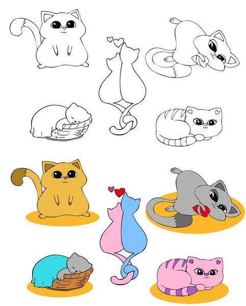 Gatos de desenhos animados bonitos: página vetorial para colorir — Fotografia de Stock