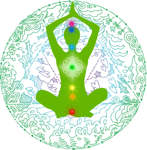 Yoga pose and chakra points green mandala — Stock Photo, Image