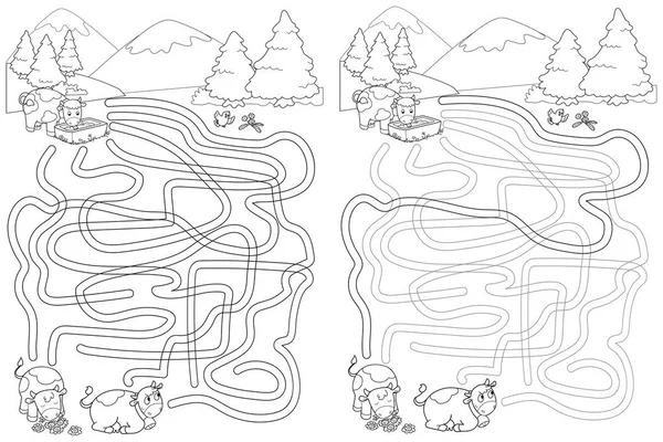 Cute cows at the mountains, labyrinth maze game. — Stock Vector