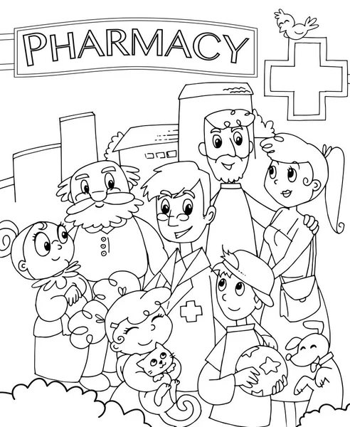 Farmacéutica y familia fuera de un vector de farmacia — Archivo Imágenes Vectoriales
