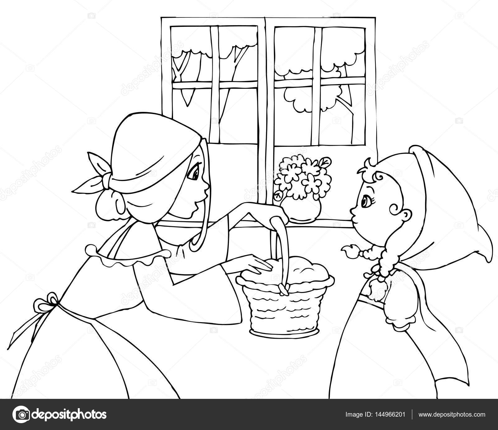 Mamma sta dando un piccolo cestino di Cappuccetto rosso Disegni da colorare di fiaba di Cappuccetto rosso — Vettoriali di carlacastagno