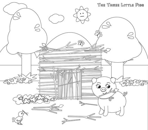 Coloriage trois petits cochons 5 la maison des bâtons — Image vectorielle