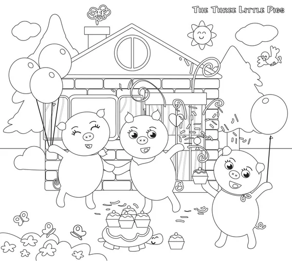 Colorier trois petits cochons conte populaire fin heureuse — Image vectorielle