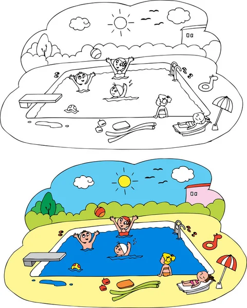 Coloring children at the swimming pool — Stock Vector