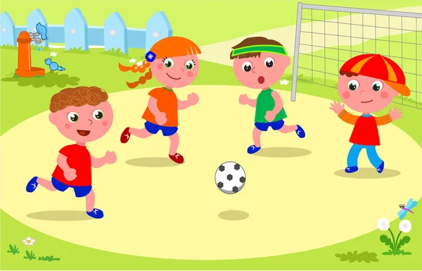 Friends playing soccer at the park — Stock Vector