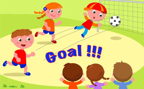 Γκολ! Φίλους παίζοντας ποδόσφαιρο στο πάρκο — Διανυσματικό Αρχείο