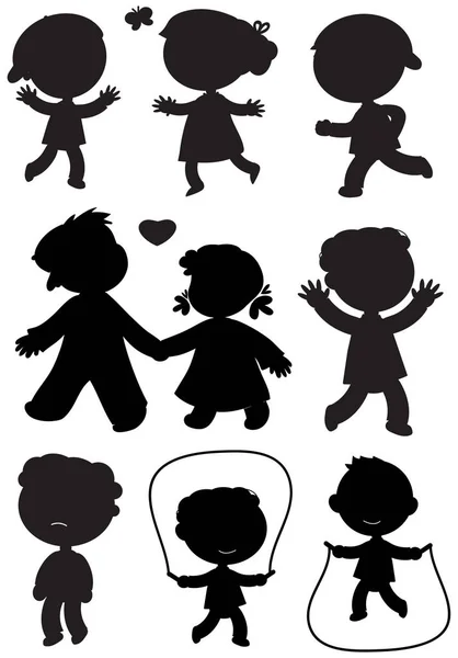 Neuf enfants silhouettes noires vecteur — Image vectorielle
