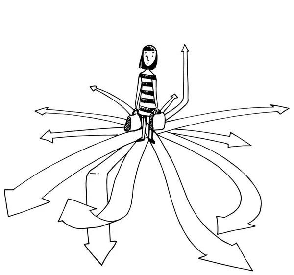 Mujer dudosa en un cruce complicado — Vector de stock