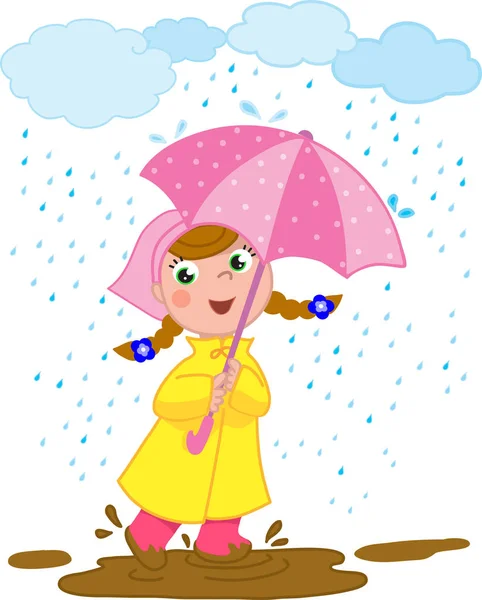 Chica feliz jugando bajo la lluvia — Vector de stock