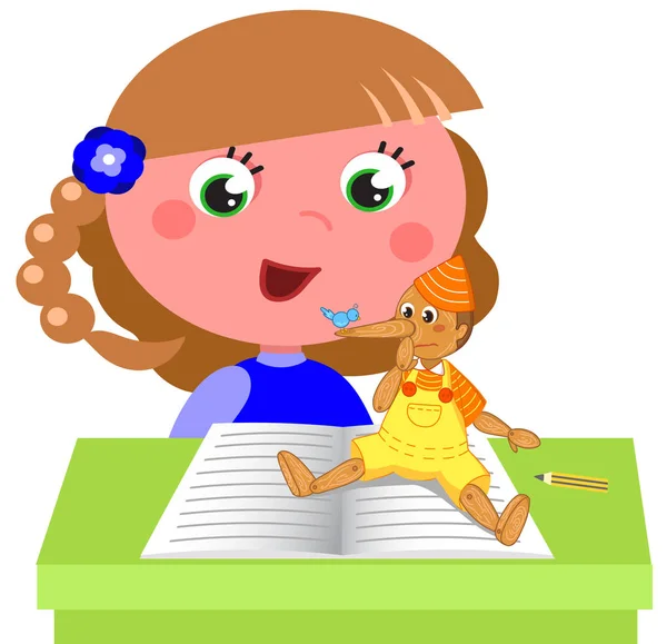 Chica leyendo Pinocho libro vector — Vector de stock