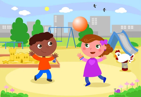 Χαμογελαστά τα παιδιά παίζουν στην παιδική χαρά — Διανυσματικό Αρχείο