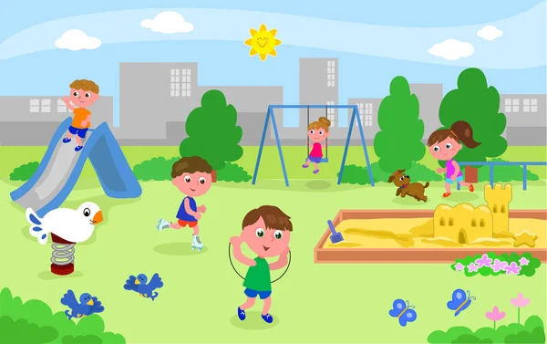 Ομάδα παιδιών να παίζουν στην παιδική χαρά — Διανυσματικό Αρχείο