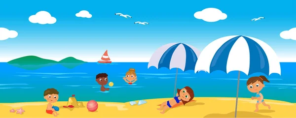 Personnes en vacances à la mer, vecteur de ligne sans couture — Image vectorielle