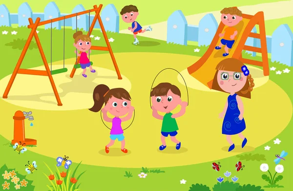 Τα παιδιά που παίζουν στο πάρκο με ενήλικα — Διανυσματικό Αρχείο