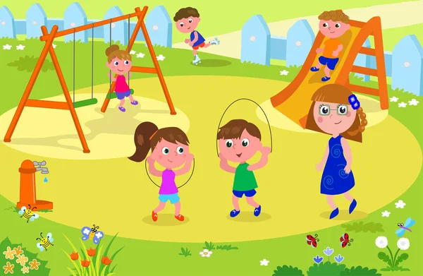 Yetişkin ile parkta oynayan çocuklar