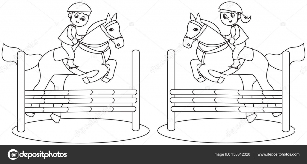 Bambini a cavallo concorrenza in bianco e nero — Vettoriale Stock Ragazzo e ragazza che salta con i cavalli da colorare