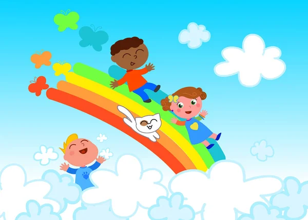 Bambini felici sull'arcobaleno — Vettoriale Stock