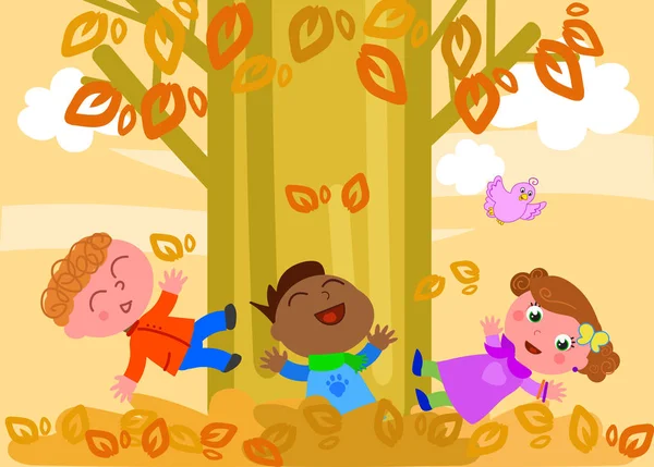 Enfants jouant avec les feuilles — Image vectorielle