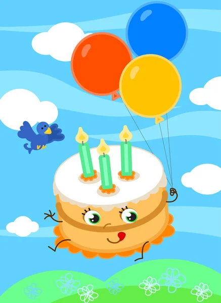 Niedliche Geburtstagstorte mit Luftballons Vektor — Stockvektor