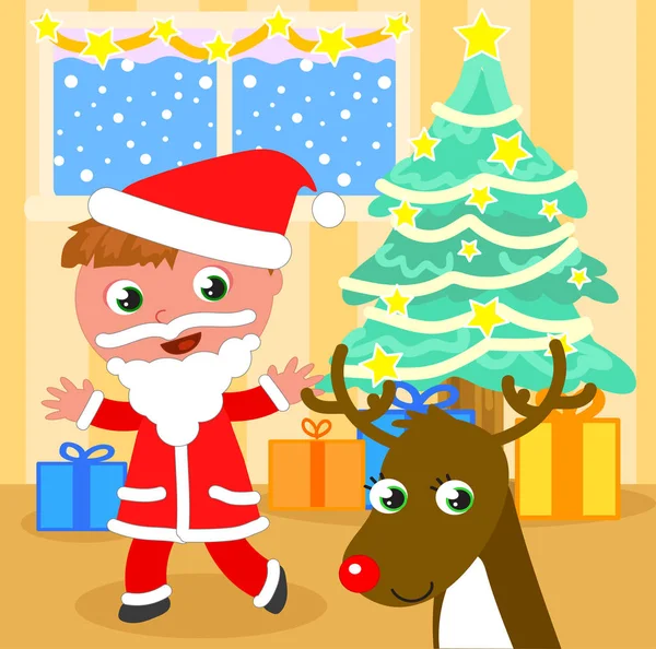 Weihnachtsmann-Kind mit Rentiervektor — Stockvektor