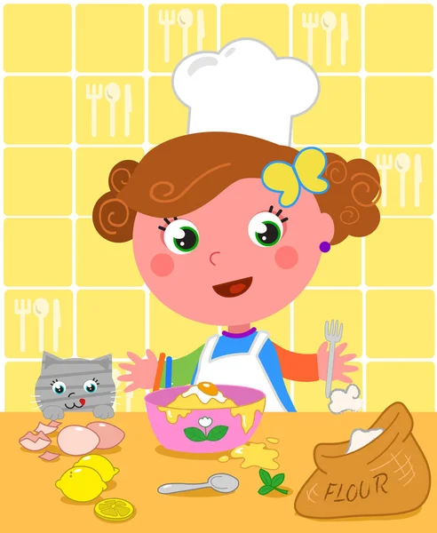 Cute girl cooking with chef hat vector — Stock Vector