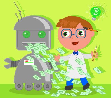 Cartoon inventor with dollar robot clipart