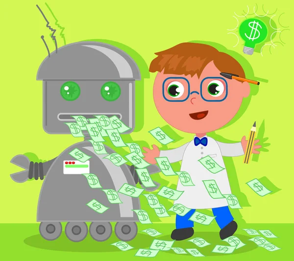 Cartoon inventor with dollar robot — Stock Vector