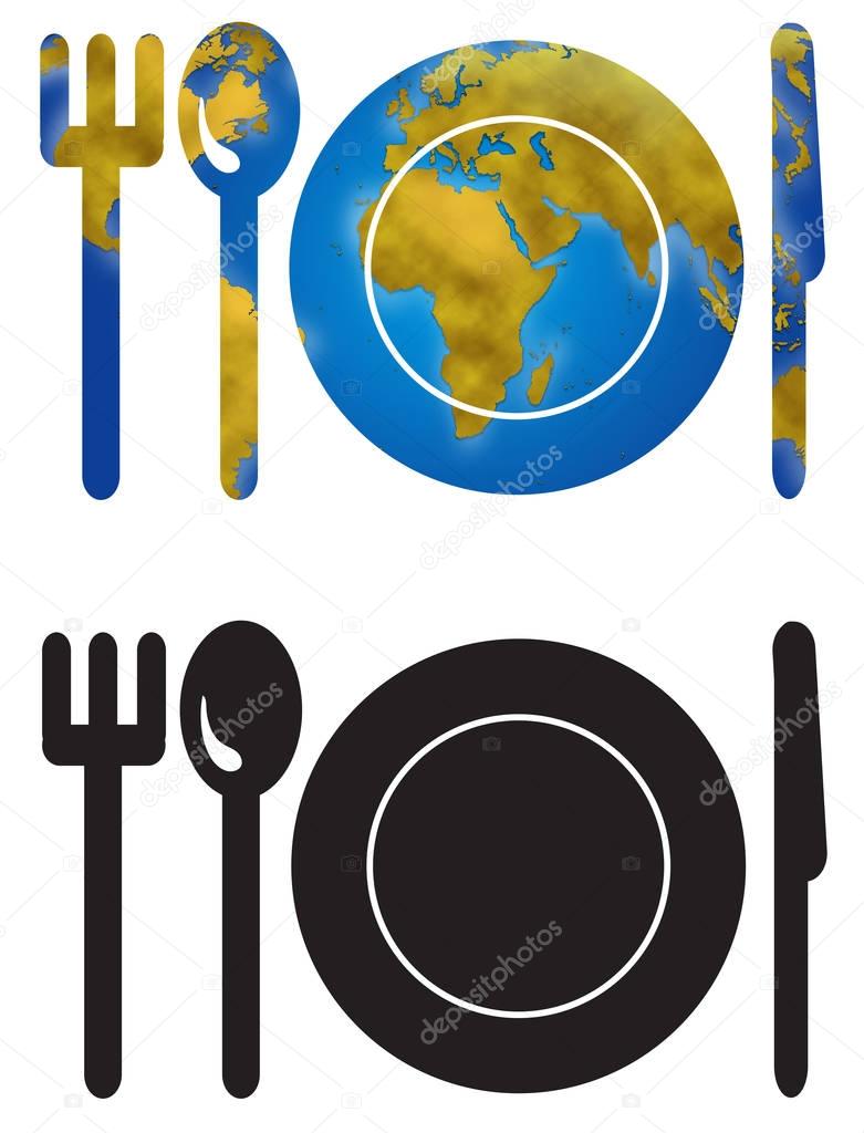 Dish with cutlery symbols with earth map