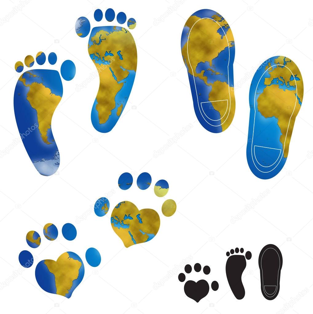 World map footprints illustrations