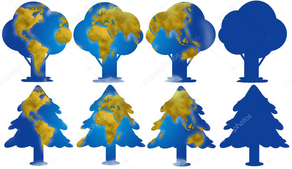 Trees silhouettes with earth map