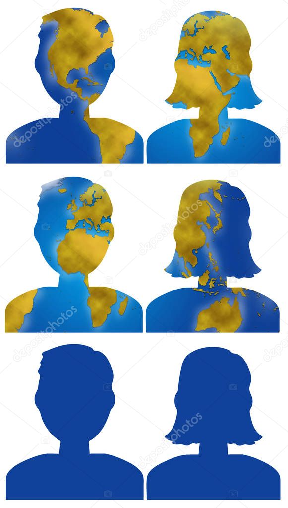 World map people head icons