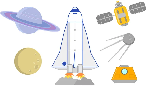 Космические ракеты, спутники и векторная иллюстрация планет — стоковый вектор